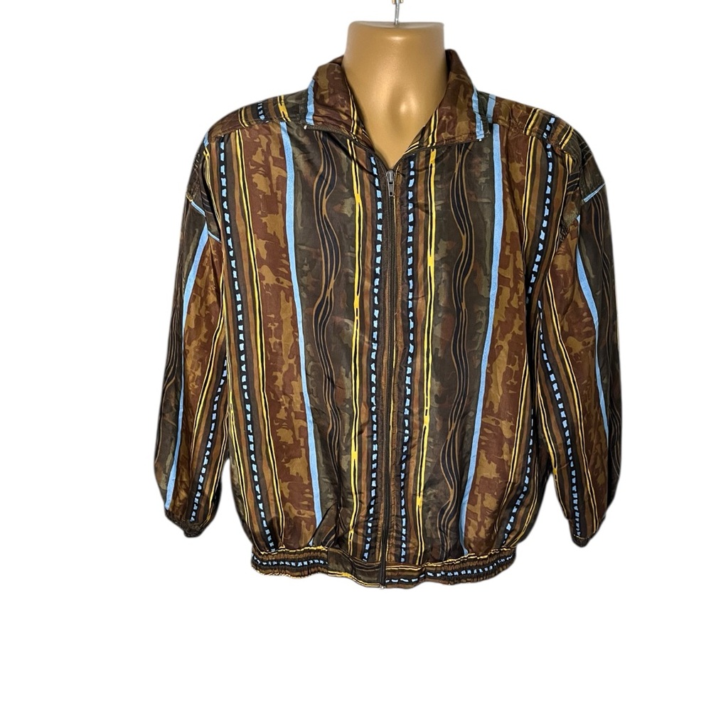 Vintage 80s 90s Kloz Abstract Striped Zip Jacket Elastic Hem Brown S Unisex